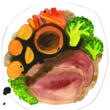 Painted image of roast beef and vegetables on the plate