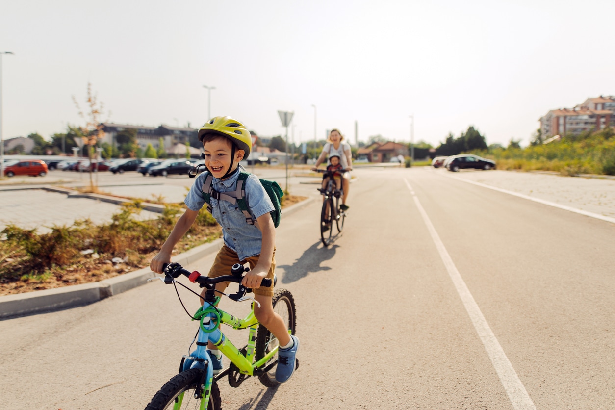 Boy and mom on bikes during quarantine free time