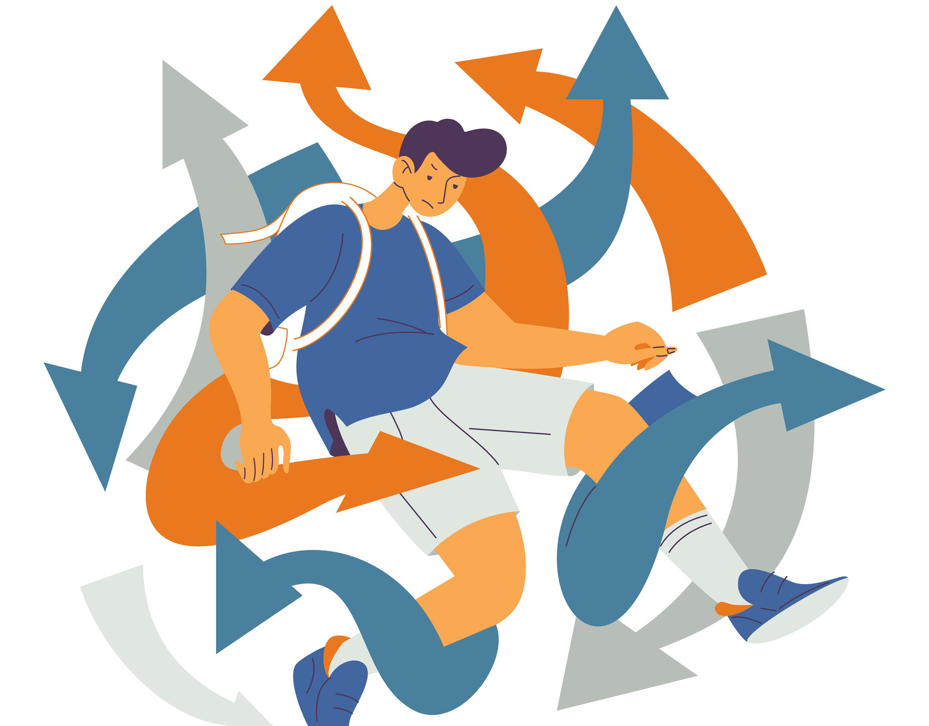 Sound Advice column about alternative treatments for ADHD, iStock illustration, Kid in stress lost in arrows. ADHD concept illustration about school problems and attention deficit hyperactivity disorder