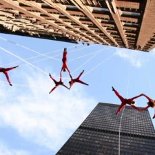 BANDALOOP Vertical Dance Company, performing at the Dallas Arts District 2024 Changing Perspectives Block Party