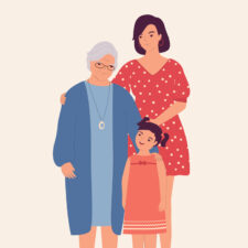 Sound Advice column about how parents can set boundaries with grandparents, iStock image of Portrait Of Three Generations Of Women Smiling And Standing Together. Full Length, Isolated On Solid Color Background. Vector, Illustration, Flat Design, Character.