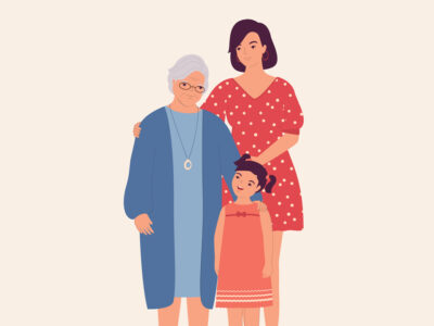 Sound Advice column about how parents can set boundaries with grandparents, iStock image of Portrait Of Three Generations Of Women Smiling And Standing Together. Full Length, Isolated On Solid Color Background. Vector, Illustration, Flat Design, Character.