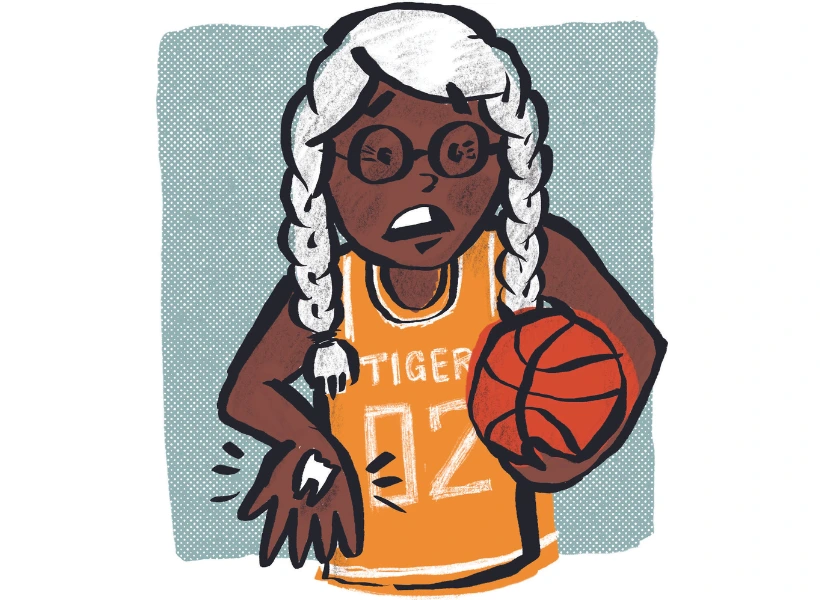Mary Dunn illustration, for dad humor column Dad Amongst Dudes: Coach's Corner, coaching basketball team