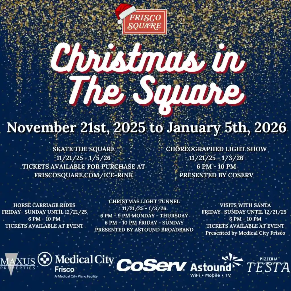 Poster for the 2025 Christmas in the Square festivities, including an outdoor ice skating rink, at Frisco Square