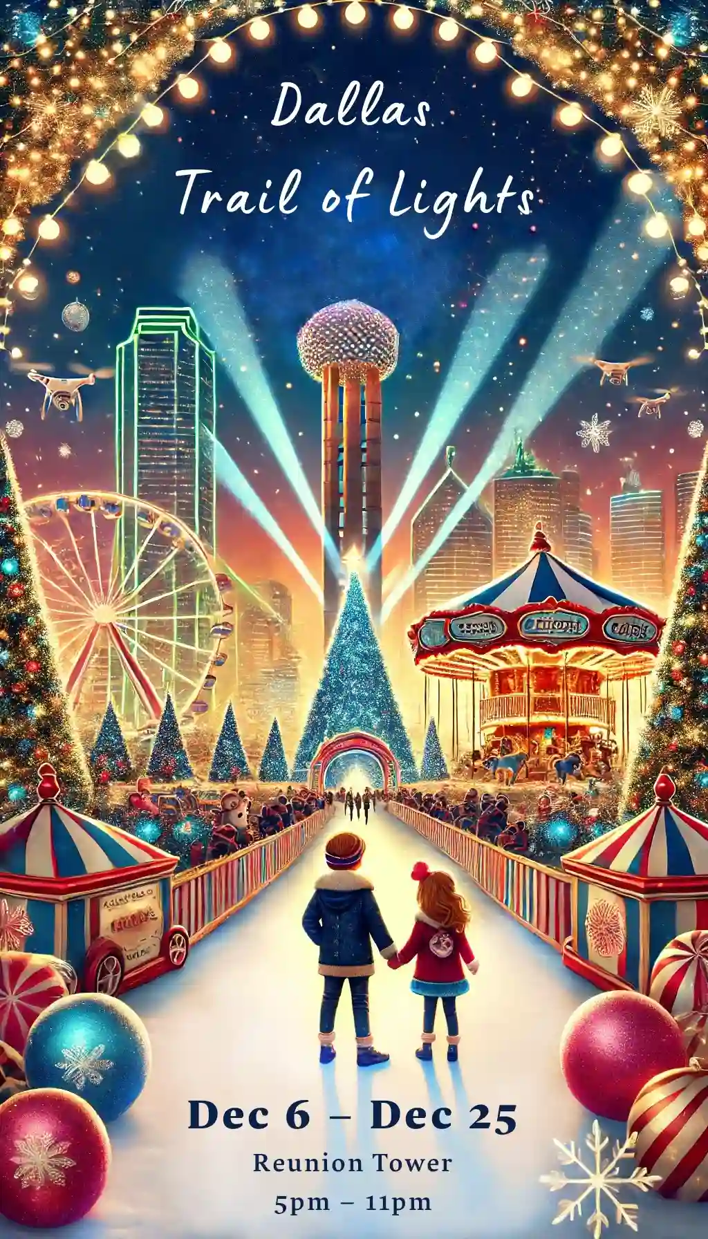 Dallas Trail of Lights, from Downtown Dallas, Inc., Reunion Tower, and Geoji.