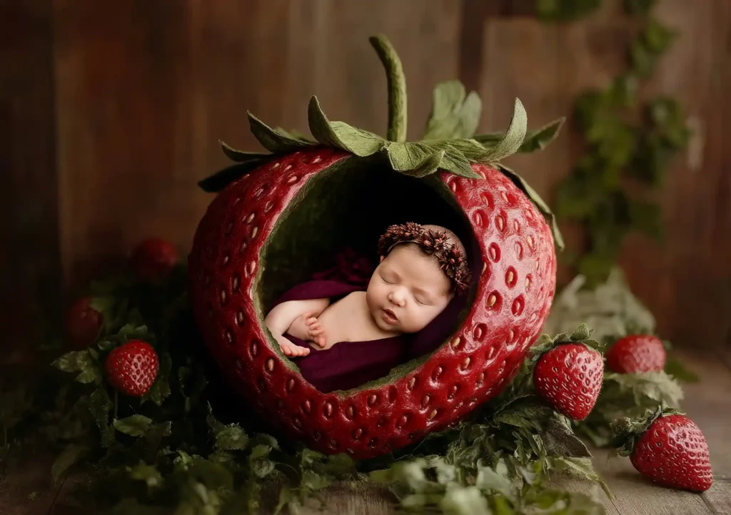 baby photographed and superimposed inside a strawberry, maternity and infant photographer courtesy Dani Adams-Barry