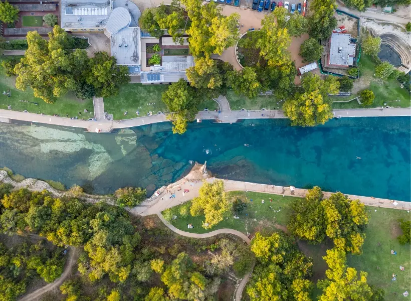 Bird's eye view of Barton Springs Pool in Austin, courtesy Ryan Kyte