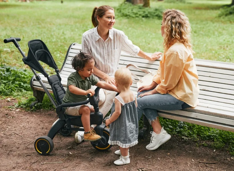 Moms and Daughters Playdate stock photo, for article on why friendships after motherhood are good for you