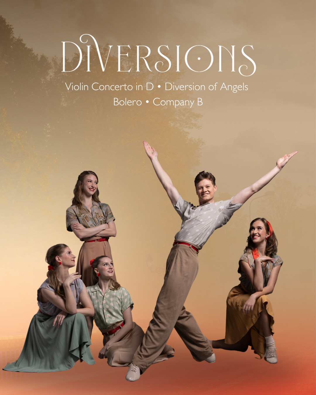 Texas Ballet Theater presented Diversions, pictured: Rayleigh Vendt, Adeline Melcher, Katelyn Rhodes, Henry Winn, and Sophie Williams