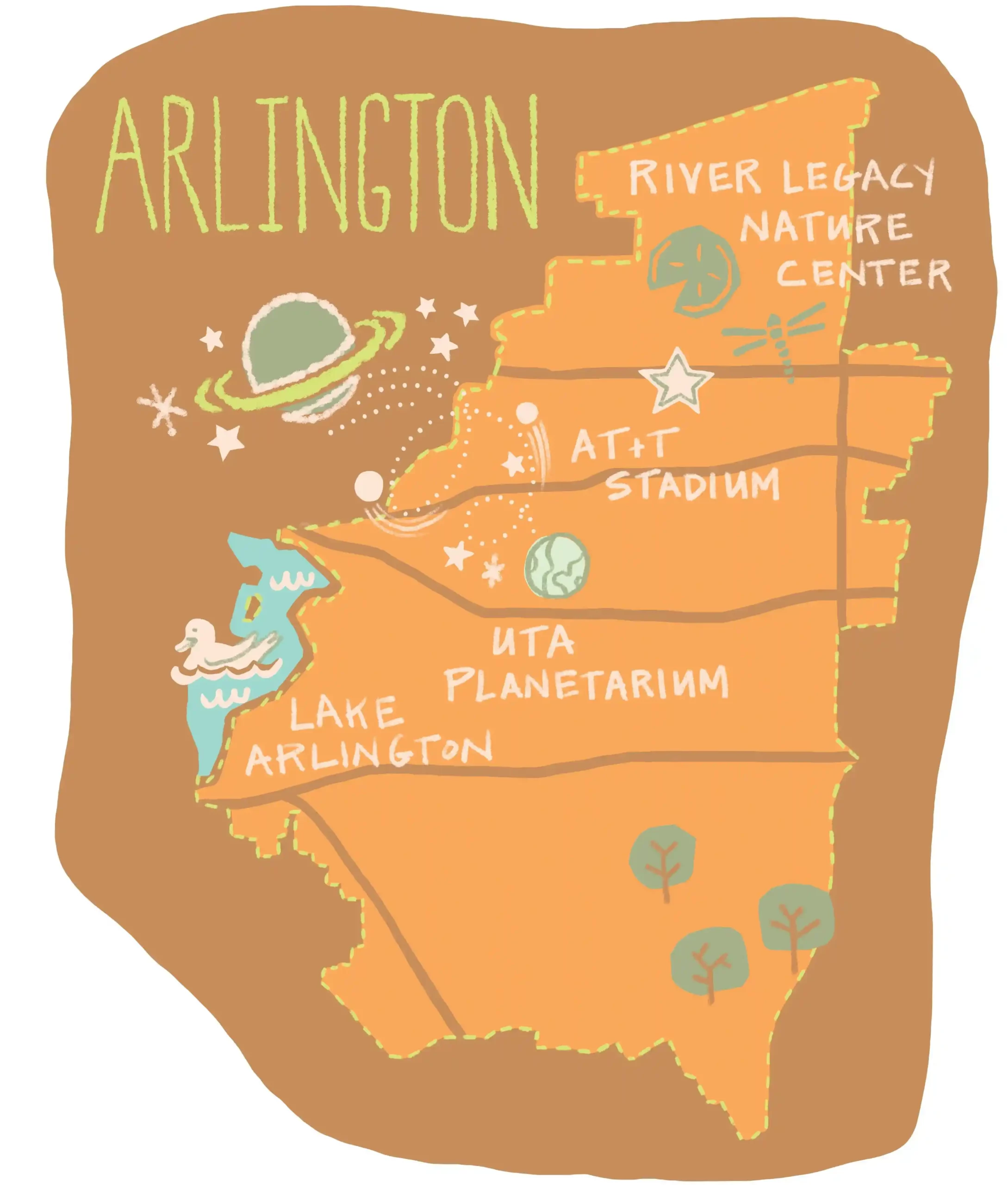 An original map illustration by Mary Dunn depicting Arlington, Texas with cultural destinations and neighborhood attractions