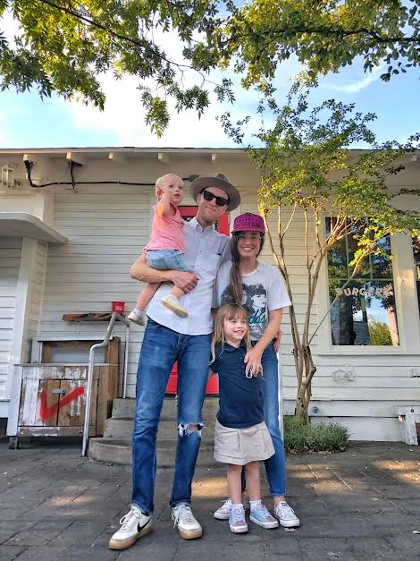 Mom Kara Keith with family, for neighborhood guide to Southwest Fort Worth, Texas; photo courtesy Kara Keith