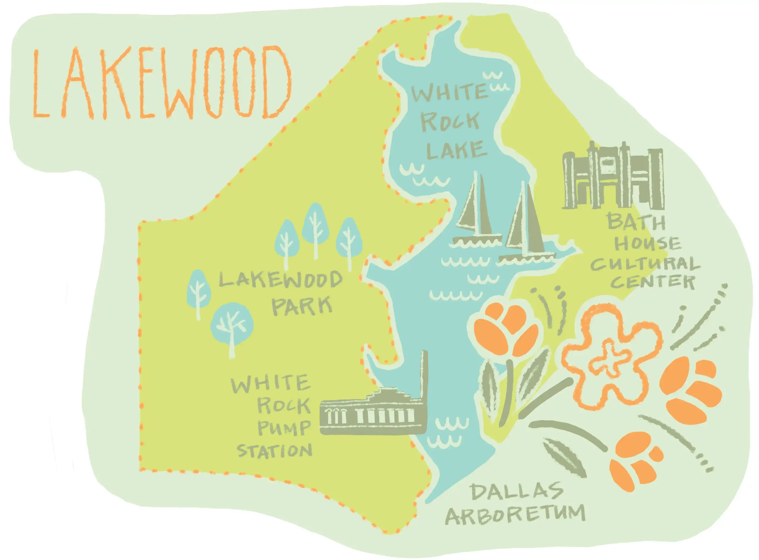 An original map illustration by Mary Dunn depicting Lakewood, a neighborhood of Dallas, Texas with cultural destinations and attractions