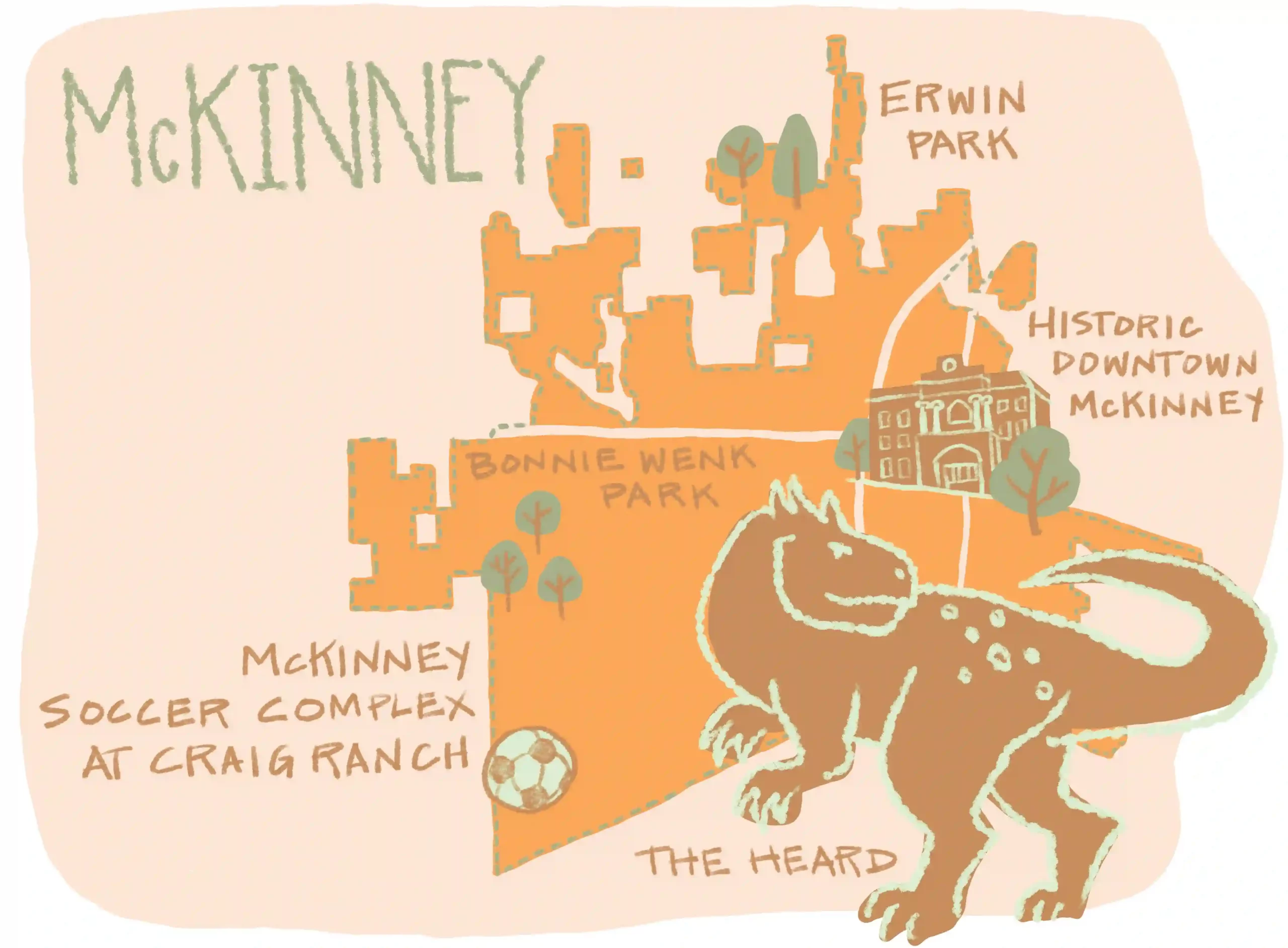 An original map illustration by Mary Dunn depicting McKinney, Texas with cultural destinations and neighborhood attractions