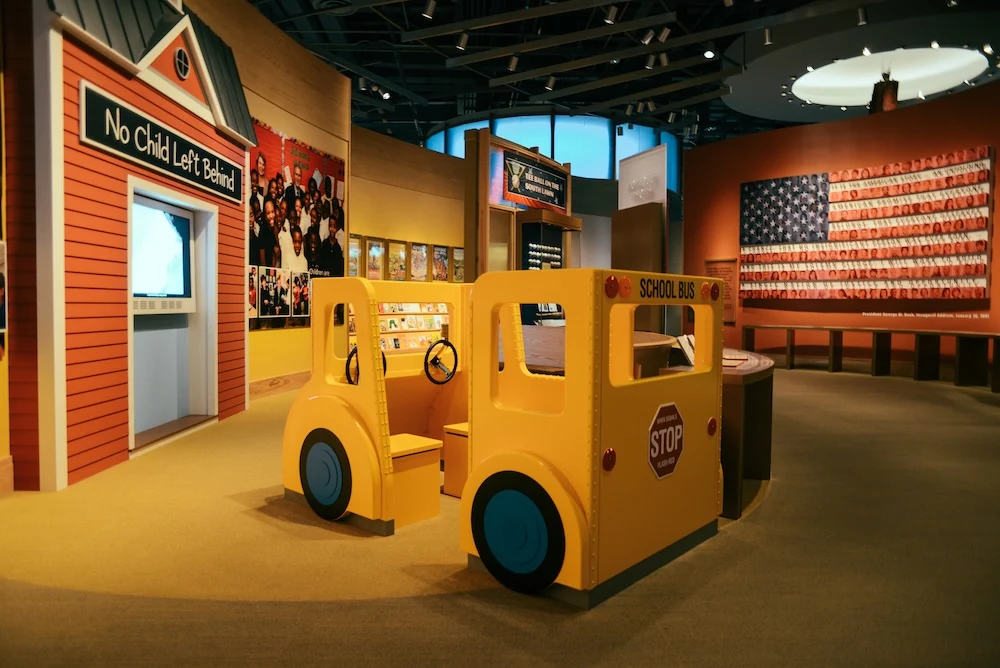 No Child Left Behind exhibit at George W. Bush Presidential Center, for neighborhood guide to Park Cities