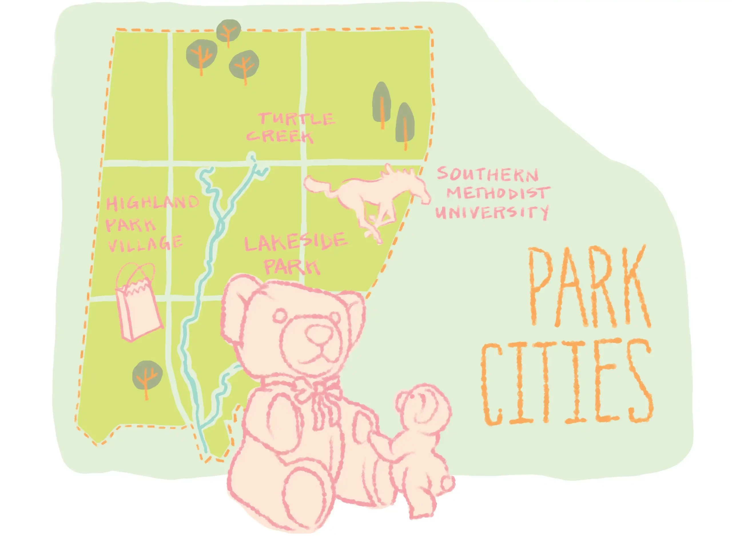 An original map illustration by Mary Dunn depicting Park Cities, Texas with cultural destinations and attractions