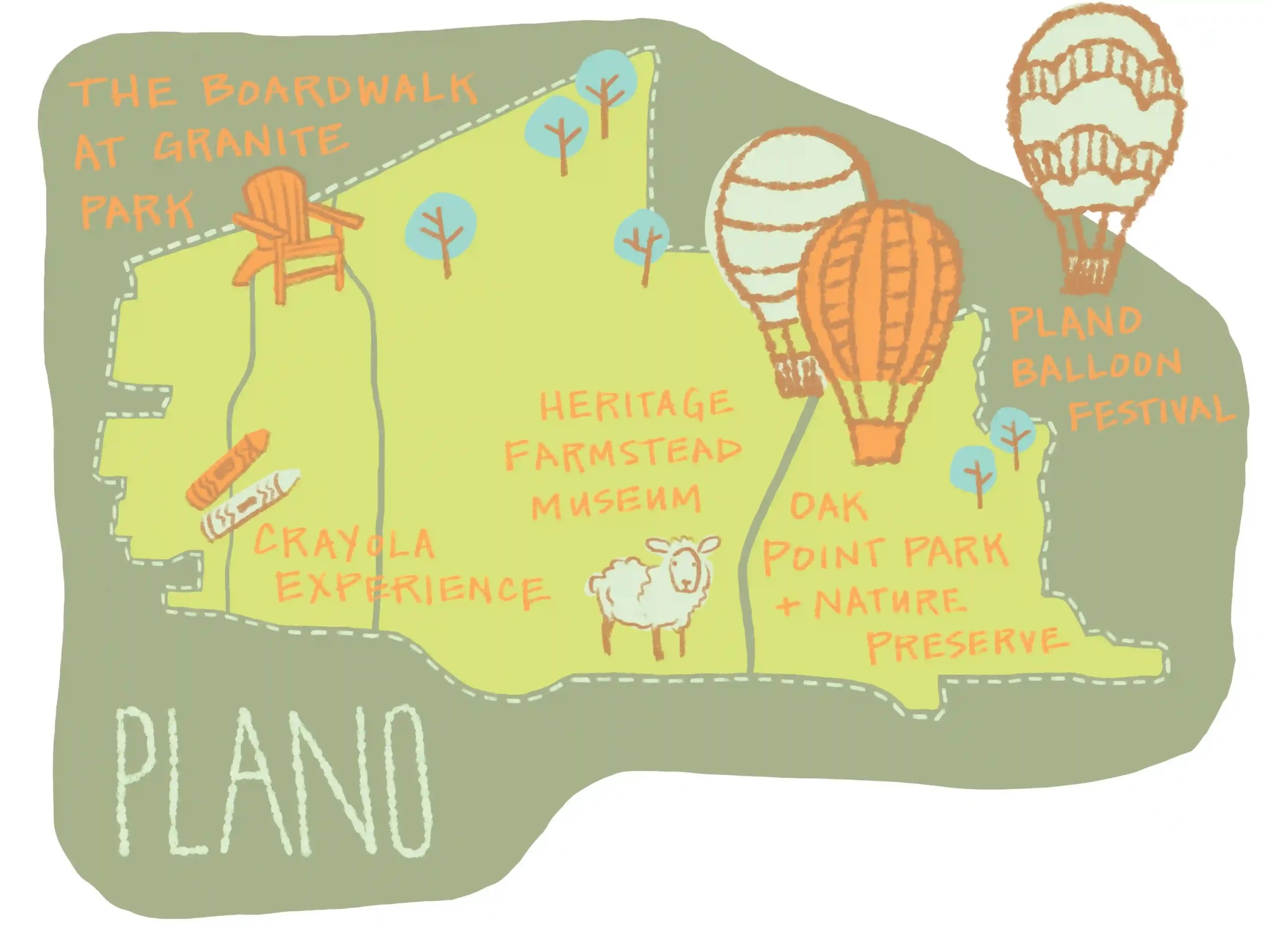 An original map illustration by Mary Dunn depicting Plano, Texas with cultural destinations and neighborhood attractions