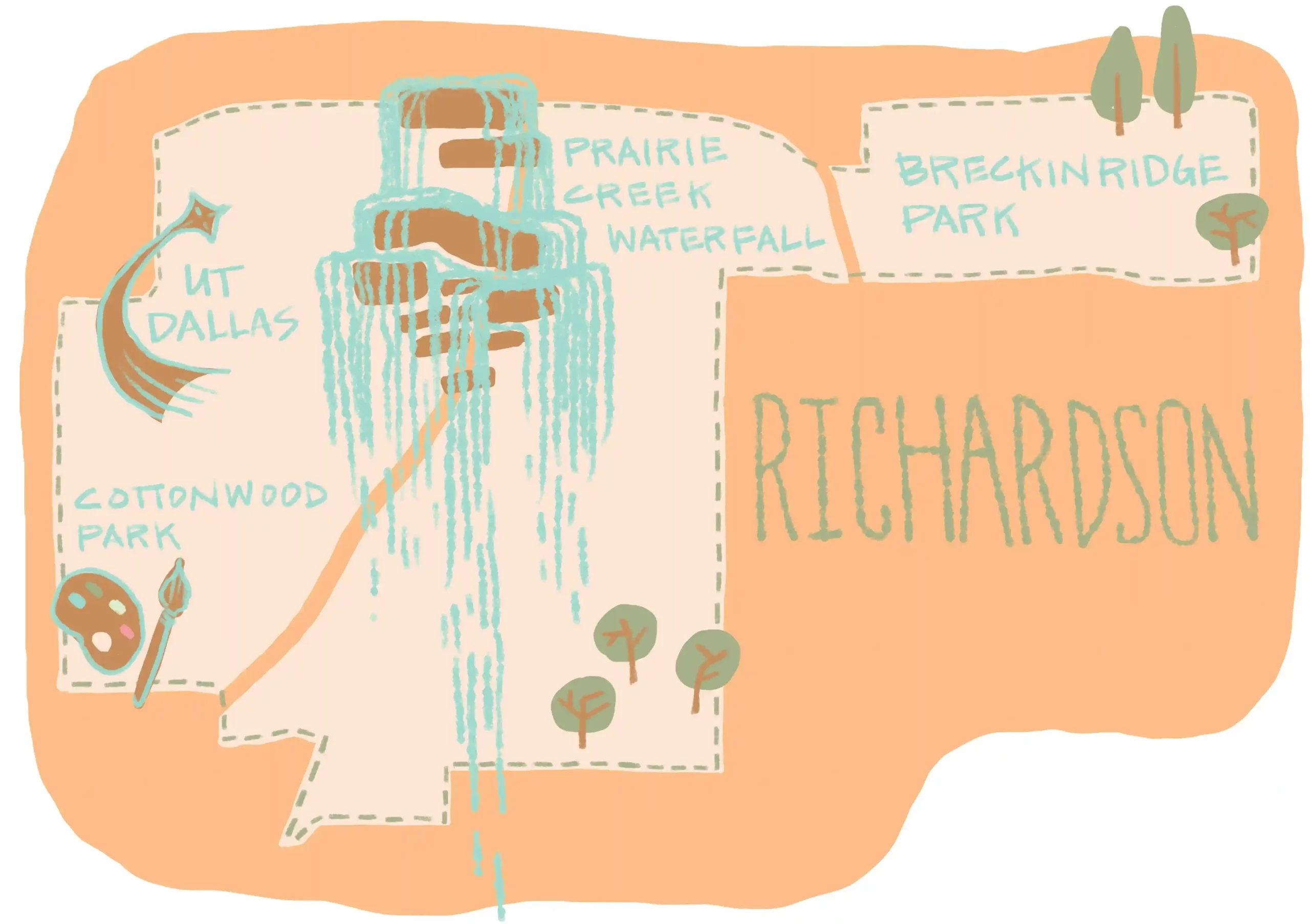 An original map illustration by Mary Dunn depicting Richardson, Texas with cultural destinations and neighborhood attractions
