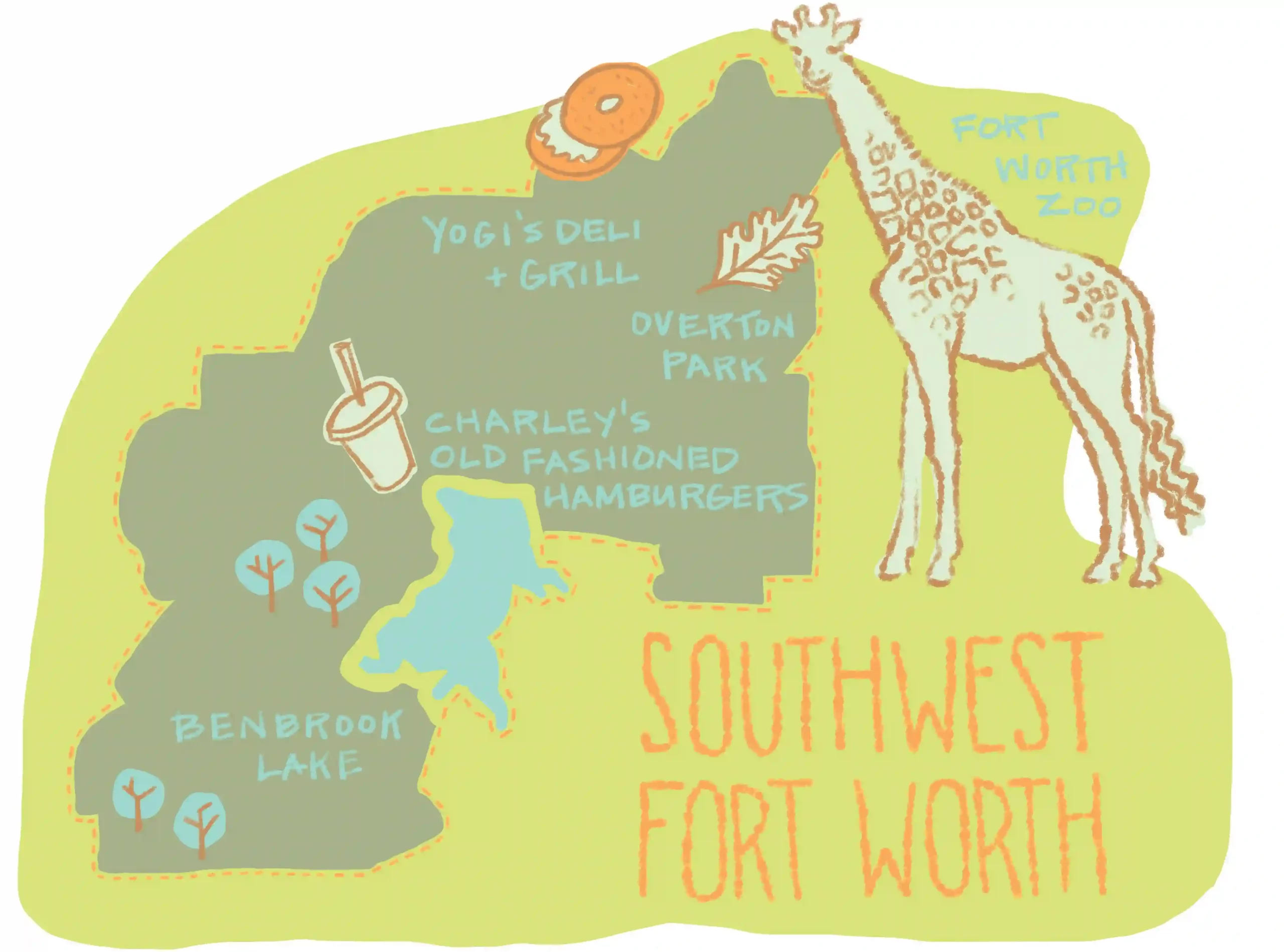 An original map illustration by Mary Dunn depicting Southwest Fort Worth, Texas with cultural destinations and attractions