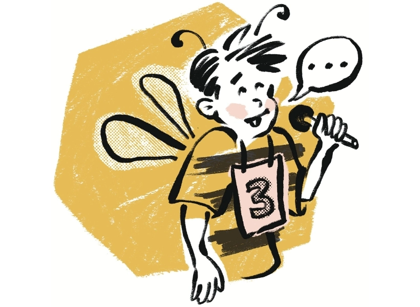 Mary Dunn original illustration for humor column about a child's spelling bee