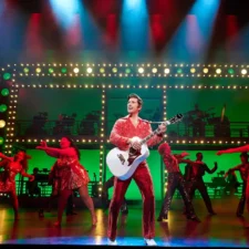 “Stadium Medley” – Nick Fradiani as 'Neil - Then' (center) with 'The Noise' and the Band in the National Tour of A BEAUTIFUL NOISE: THE NEIL DIAMOND MUSICAL. Photo by Jeremy Daniel.