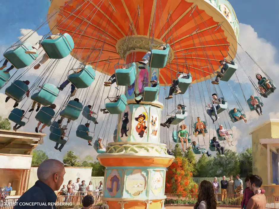 artist conceptual rendering of the swings ride at the Puss in Boots themed land at Universal Kids Resort, coming to Frisco, Texas