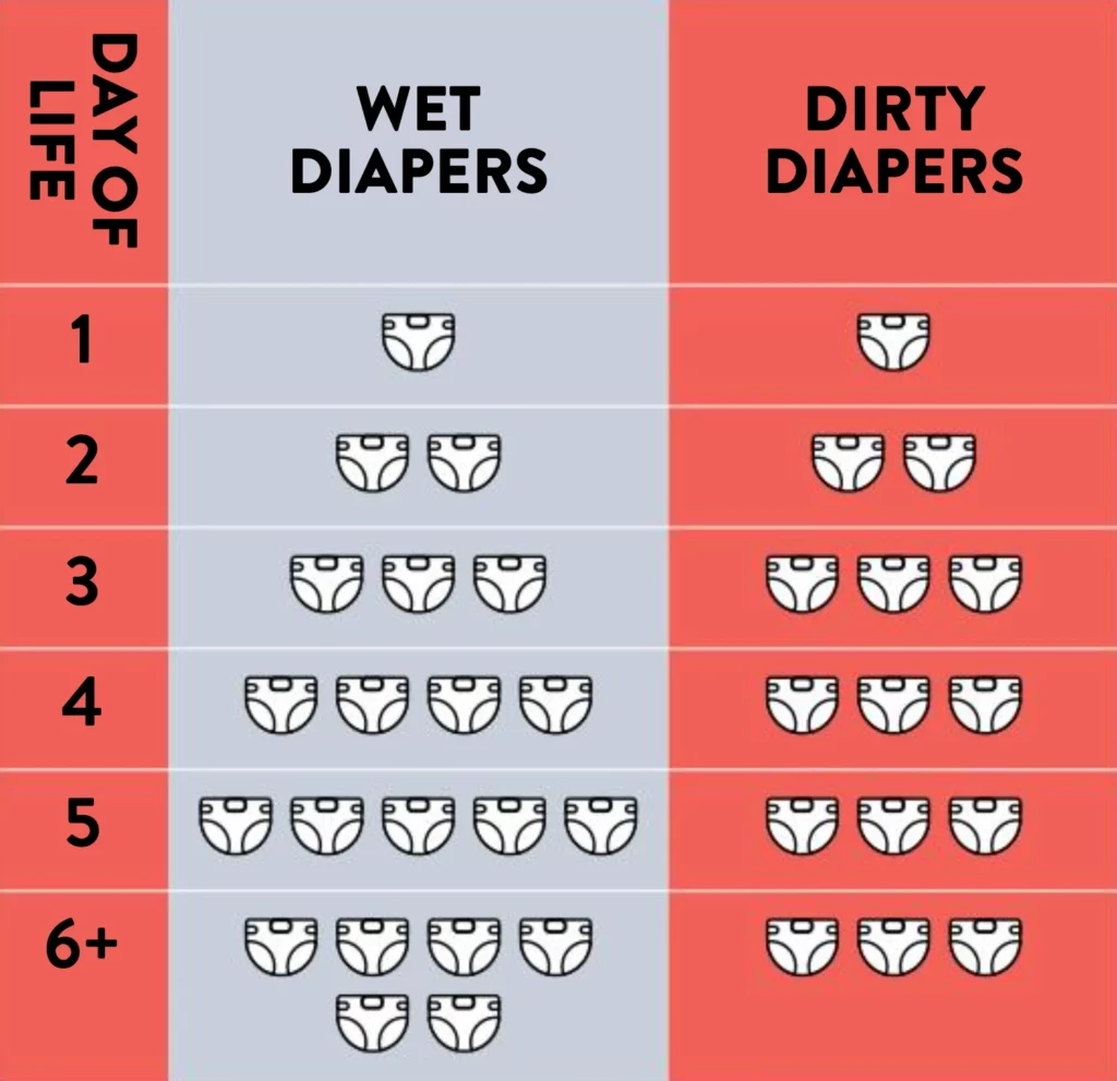 Graph illustrating the number of wet and dirty diapers are expected in a newborn's first week of life, signs new parents can look for to determine whether their newborn is getting enough breastmilk