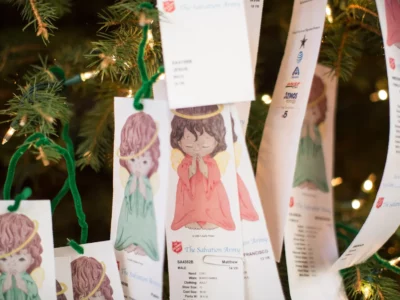 Tags on a Salvation Army angel tree, gift giving program, at NorthPark Center in Dallas