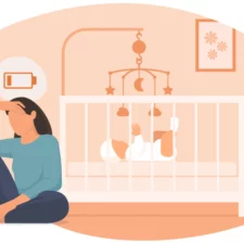 iStock illustration depicting a tired mother sitting on the floor beside her baby's crib, for article on Self-Care for Sleep Deprived  
