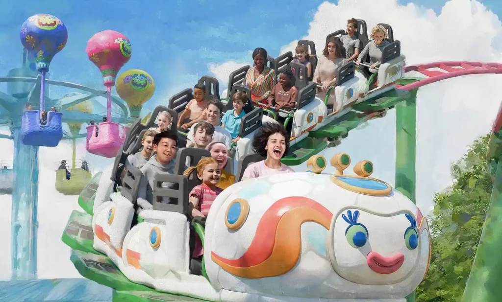 artist conceptual rendering of the TrollsFest roller coaster at the Universal Kids Resort, coming to Frisco, Texas