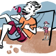 Mary Dunn's illustration of a dad swinging on a swing set, for humor column on why 2026 is the Year of the Parent