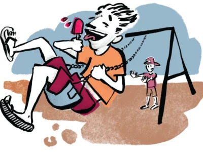 Mary Dunn's illustration of a dad swinging on a swing set, for humor column on why 2026 is the Year of the Parent