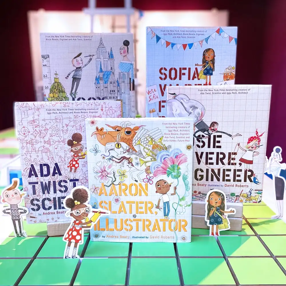 Image of the Questioneers book covers, photo courtesy DuPage Children's Museum