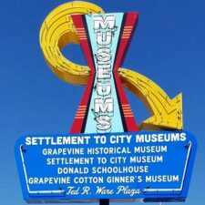 Retro sign for the Settlement to City Museum in historic Downtown Grapevine