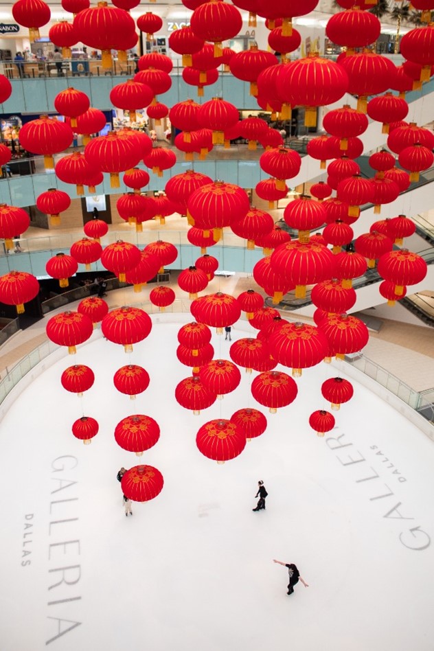 Red lanterns on display, hanging over the ice skating rink at Galleria Dallas, in celebration of the Lunar New Year