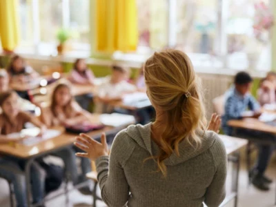 iStock image of teacher in front of students in her classroom