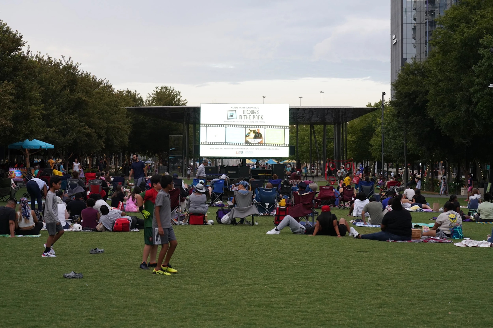 Outdoor movie night on the lawn at Klyde Warren Park